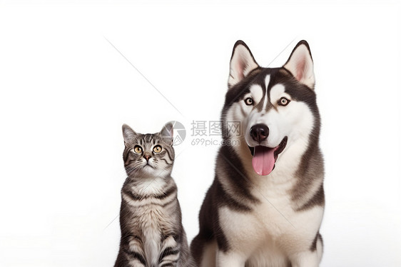 哈士奇狗和虎斑猫坐在一起图片