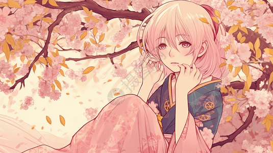 樱花树下的粉红色头发女孩图片