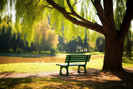 公园湖边的长椅图片