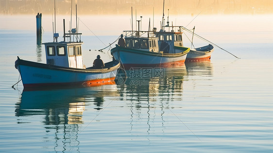 静谧海面上的渔船图片
