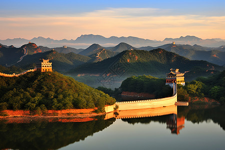 白色的水群山中的城墙建筑背景