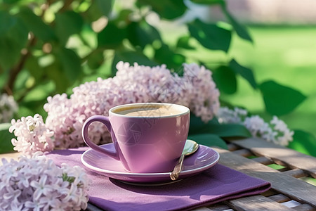 咖啡杯和丁香花高清图片