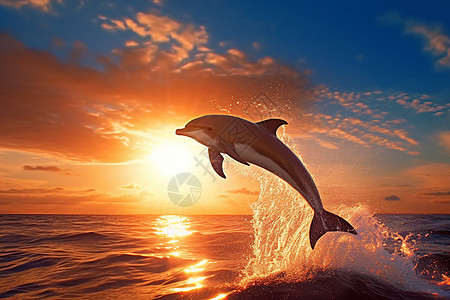 夏日金黄色的海面上跳跃起的海豚图片