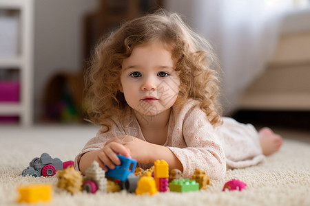 女孩趴在地毯上玩玩具图片