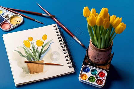 水彩画郁金香和水彩画笔颜料艺术培训背景图片