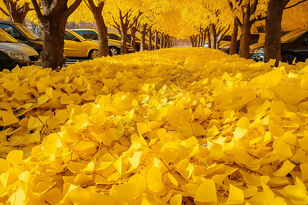 秋天黄色银杏叶大道图片