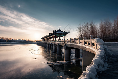 建筑连廊湖边凉亭走廊背景