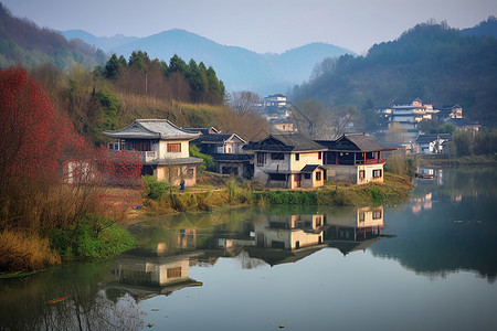 农村湖景别墅背景