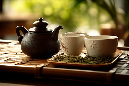 陶瓷茶壶绿茶与茶壶背景