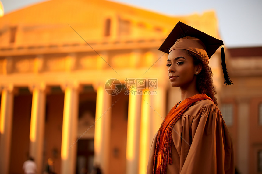 骄傲的毕业生站在大学大楼前图片