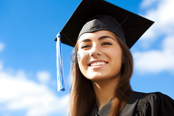主题: 一个快乐的毕业生拿着她的文凭。视角: 毕业生毕业生笑脸特写图片