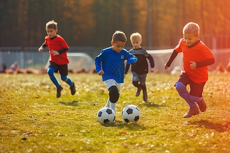 一群男孩一起踢足球图片