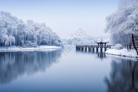雪中的江面美景背景图片