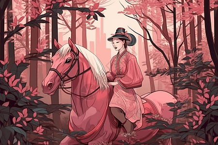 树林里骑马的女士图片