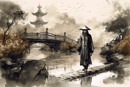 男子站在河上的石桥上图片