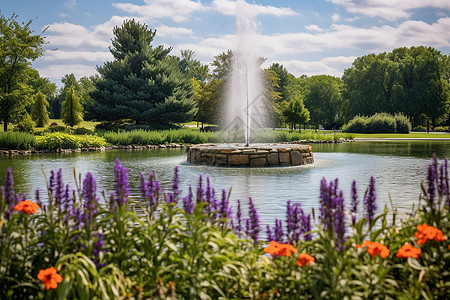 芝加哥伊利诺伊州公园里梦幻般的喷水池和鲜花图片
