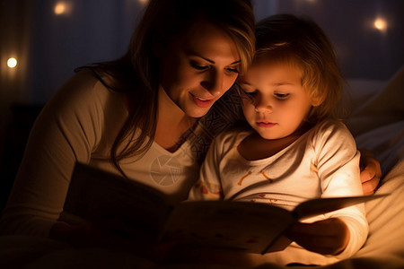 宝宝晚上睡觉妈妈陪着女儿在晚上读绘本背景