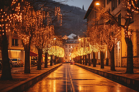 夜晚我是树上都是彩灯的城市街道背景