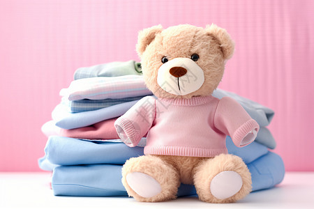 泰迪熊靠着叠好的衣服图片