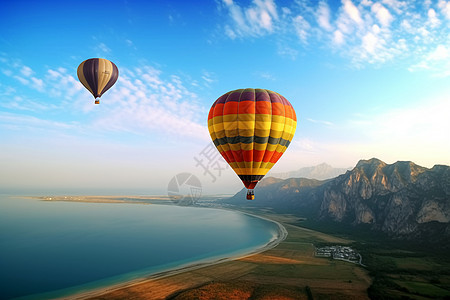 热气球漂浮在海山上空图片
