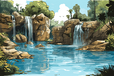 游泳池的岩石瀑布图片