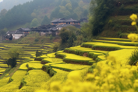 美丽的油菜花梯田图片