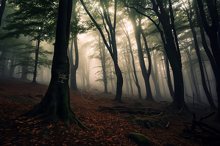 阴暗树林阴天的森林设计图片