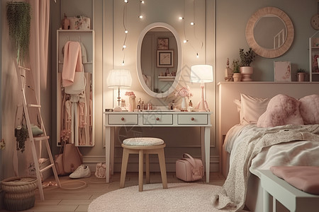带粉红色家具和木地板的卧室图片