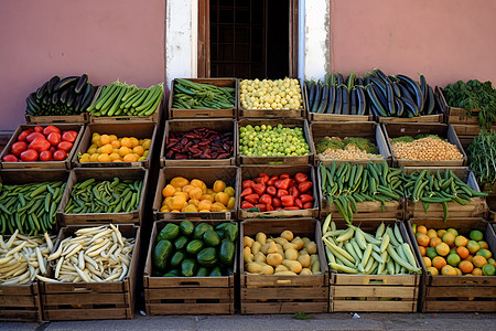蔬菜和水果堆放在农贸市场的木篮子里背景图片