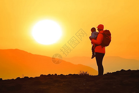 妈妈背影母亲带孩子爬山看日落背景