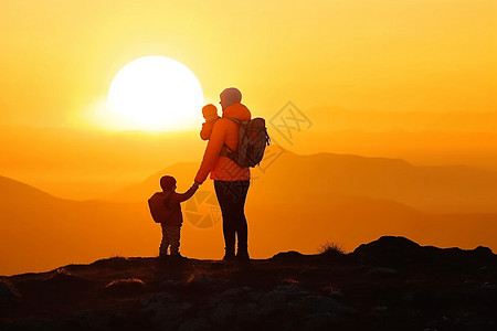 妈妈背影母亲带着孩子们在山顶看日落背景