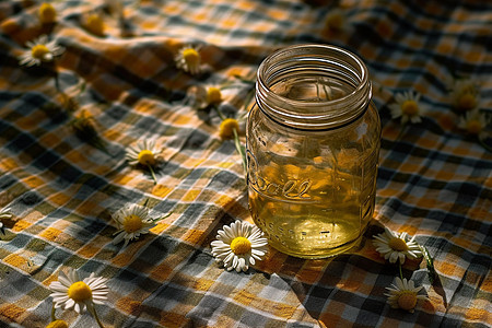 野餐毯上菊花茶图片