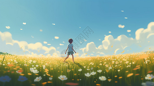 一个孩子穿过一片野花背景图片