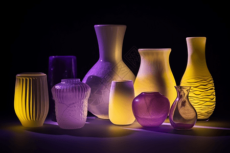 浅色紫色黄色不同花瓶图片
