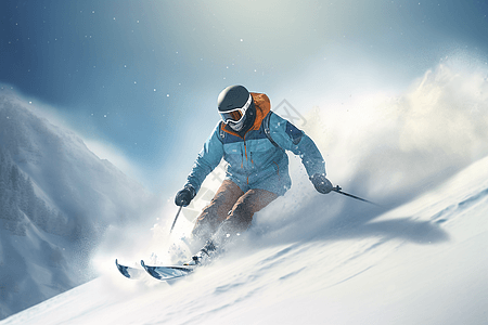 一个滑雪者在雪坡上自由滑雪图片