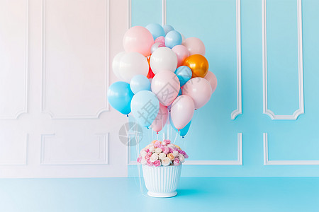 儿童生日绑在花盆上的气球设计图片