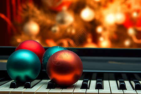四个圣诞球放在钢琴上图片