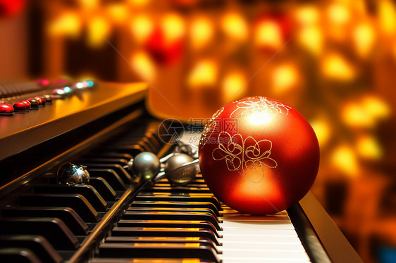 钢琴上放一个圣诞球图片