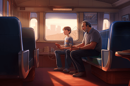 父子交谈父子在火车上讨论插画