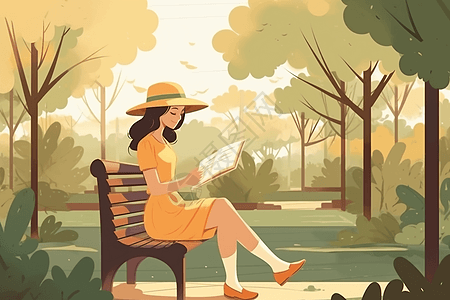 女孩在公园长椅上看书图片