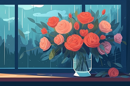 雨窗下的玫瑰花图片