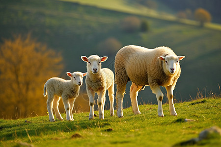 绵羊和美分山坡上的小羊和母羊背景