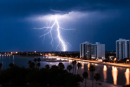 低价风暴打雷闪电的城市雨夜背景