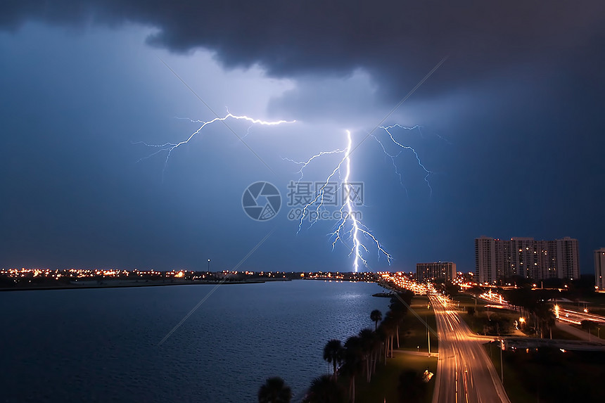 打雷闪电的城市上空图片