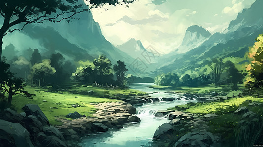 高山流水风景插画插画图片下载-正版图片600180523-摄图网 