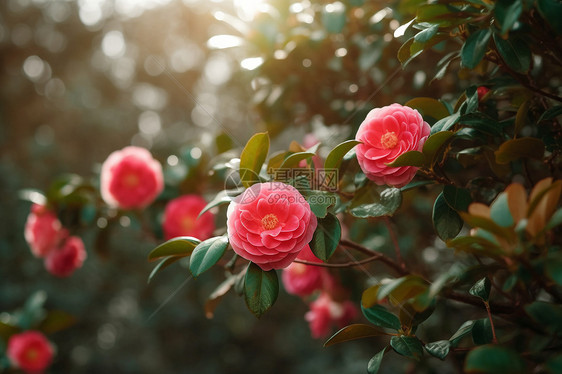 阳光下开满花的山茶花树图片