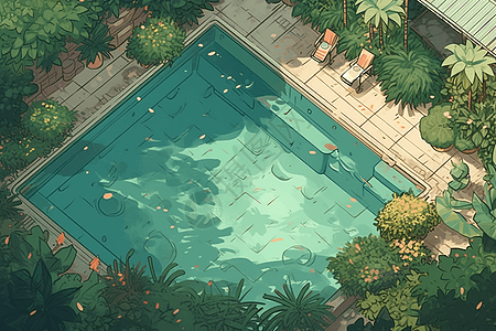 植物包围的游泳池图片