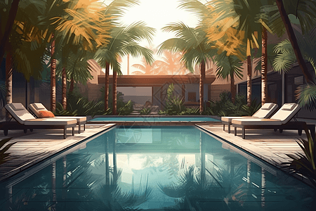 带棕榈树的酒店泳池图片