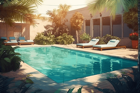 带棕榈树的露天泳池图片