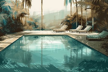 带棕榈树的泳池图片